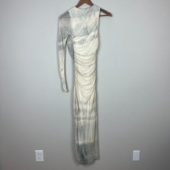 Zara Maxi Dress Womens XS Cream Gray Ruched One Shoulder Long‎ Sleeve Mesh Y2K - Picture 13 of 15